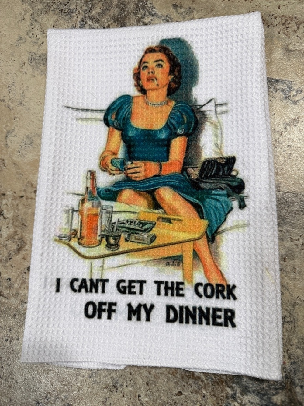 Vintage-Style Tea Towel with Retro Illustration - Teal Dress